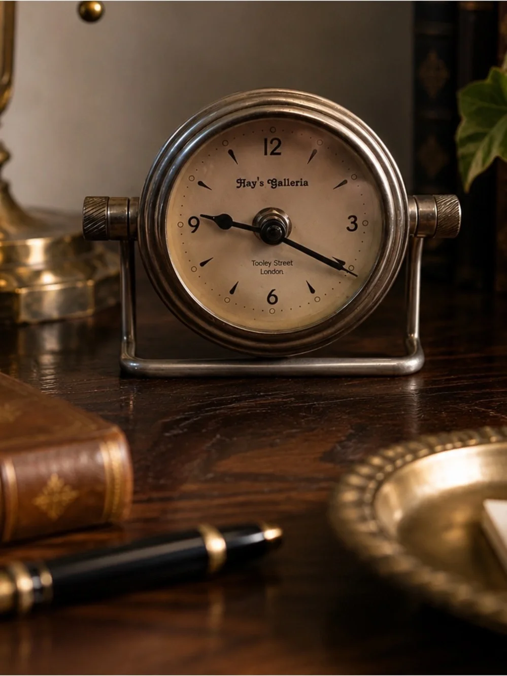 Heavy silver antique Hay’s Galleria London desk/table clock